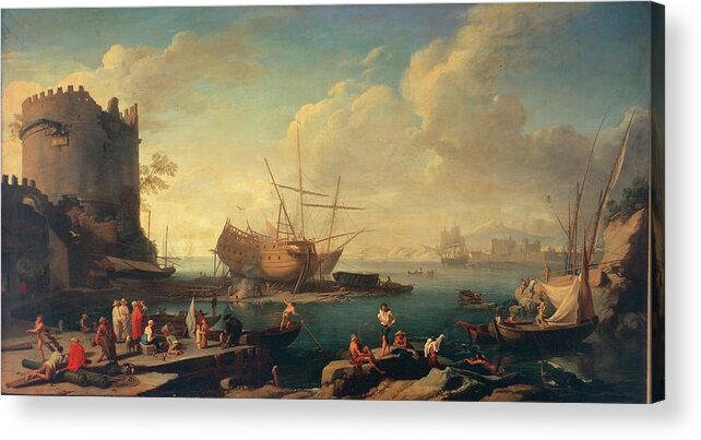 Adrien Manglard Lyon 1695 1760 Rome A Mediterranean Harbor Scene With Sailors And Other Figures On The Docks Beside A Ruined Fortress Acrylic Print featuring the painting ADRIEN MANGLARD LYON 1695 1760 ROME A Mediterranean harbor scene with sailors and other figures on t by Artistic Rifki