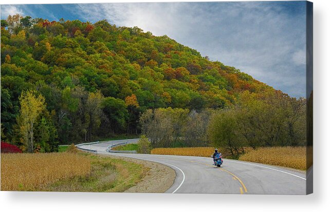 Autumn Acrylic Print featuring the photograph Autumn Motorcycle Rider / Blue by Patti Deters