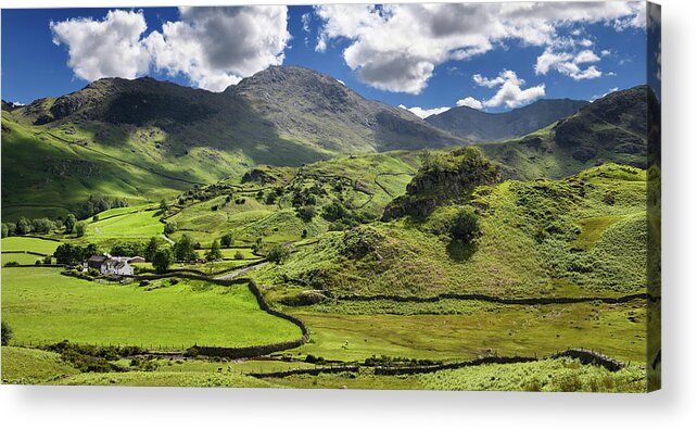 Wrynose Pass Acrylic Print featuring the photograph Fell Foot Farm in Little Langdale valley beside Castle Howe rock by Reimar Gaertner