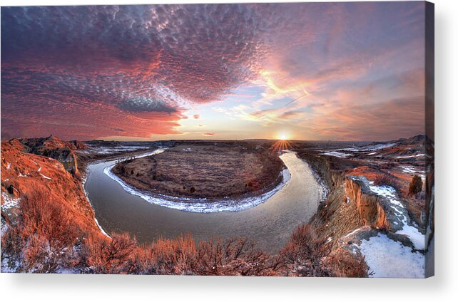 Badlands Acrylic Print featuring the photograph Flowing to the Sun - Sunset Panorama of Little Missouri at Wind Canyon - Badlands National Park ND by Peter Herman