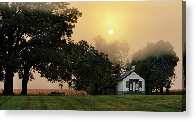 Cooksville Acrylic Print featuring the photograph Foggy Memories - Cooksville WI Schoolhouse in foggy fall sunrise by Peter Herman
