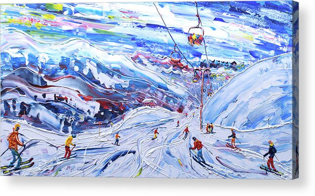 Meribel Acrylic Print featuring the painting Funitel Peclet and Stades Chair by Pete Caswell