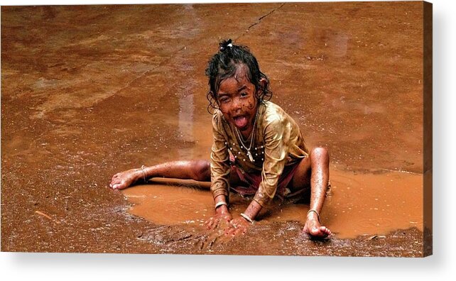 Puddle Acrylic Print featuring the photograph Girl in the puddle of brown water by Robert Bociaga