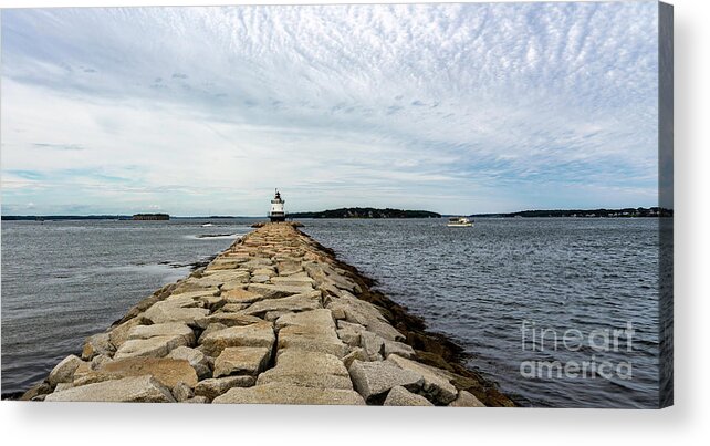 #lighthouse #ocean #rocks #jetty #sky Acrylic Print featuring the photograph Lighthouse by Cathy Donohoue