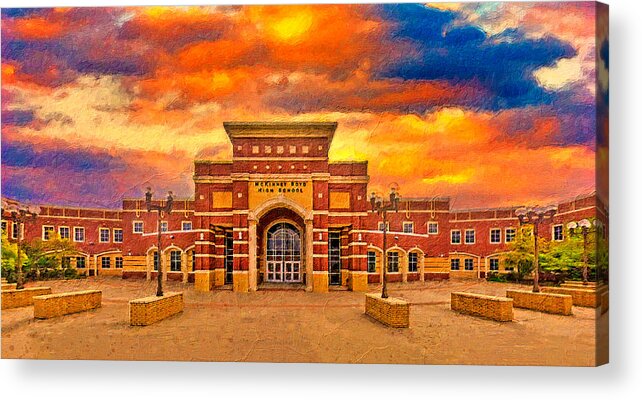 Mckinney Boyd High School Acrylic Print featuring the digital art McKinney Boyd High School at sunset - digital painting by Nicko Prints