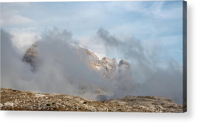 Italian Alps Acrylic Print featuring the photograph Mountain landscape with fog in autumn. Tre Cime dolomiti Italy. by Michalakis Ppalis