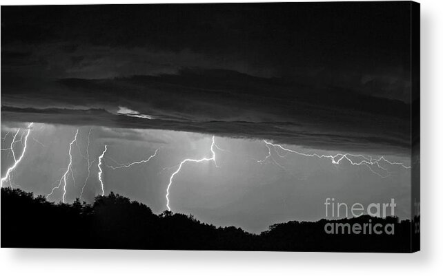 Lightning Acrylic Print featuring the photograph Multiple Lighting Strikes Woods clouds composite panorama by Pete Klinger
