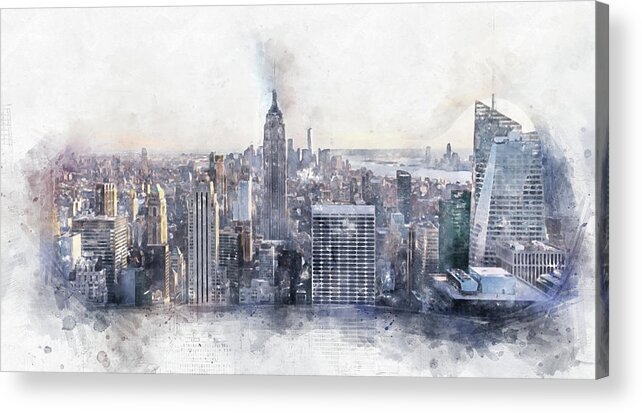 Watercolor Acrylic Print featuring the digital art New York City Manhattan midtown aerial panorama view with skyscrapers and blue sky in the day, Digital watercolor painting by Maria Kray