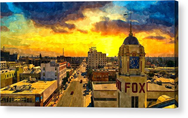 Bakersfield Acrylic Print featuring the digital art Panorama of downtown Bakersfield, California - watercolor painting by Nicko Prints