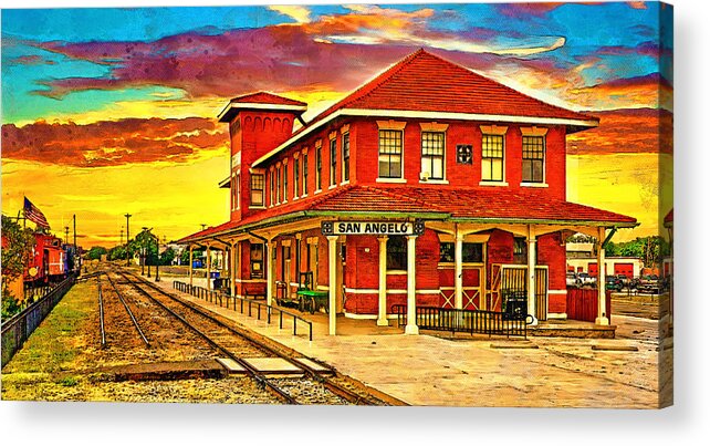 Railway Museum Acrylic Print featuring the digital art Railway Museum of San Angelo, Texas, at sunset - digital painting by Nicko Prints
