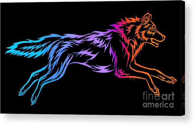 Wolf Acrylic Print featuring the drawing Rainbow Running Tribal Wolf by Rebecca Wang