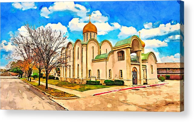 Saint Seraphim Cathedral Acrylic Print featuring the digital art Saint Seraphim Cathedral in Dallas, Texas - watercolor painting by Nicko Prints
