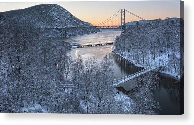 Winter Acrylic Print featuring the photograph Snowy Winter Dawn At Three Bridges by Angelo Marcialis