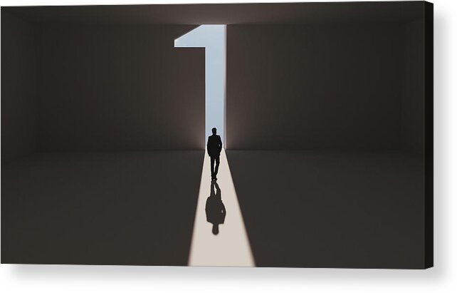 Working Acrylic Print featuring the photograph Success for man who reaches first place and stands out from the crowd by Mikkelwilliam