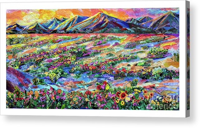 Collage Torn Paper Papers Torn-magazines Paper Mixed Media Colorful Desert Landscape High-desert Mojave Death Valley Death-valley Flower Flowers Deserts Mountain Mountainscollages Analog-collage Analog Acrylic Print featuring the mixed media Superbloom by Li Newton