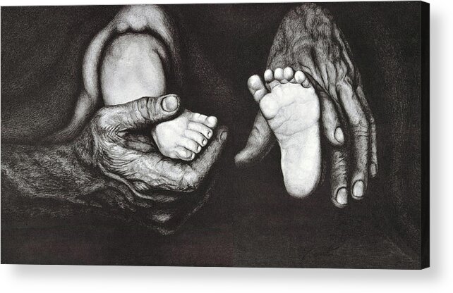 #father #holding #baby #pencil #lilen #board #protective #careful #babyfeet Acrylic Print featuring the drawing The Babys Feet by June Pauline Zent