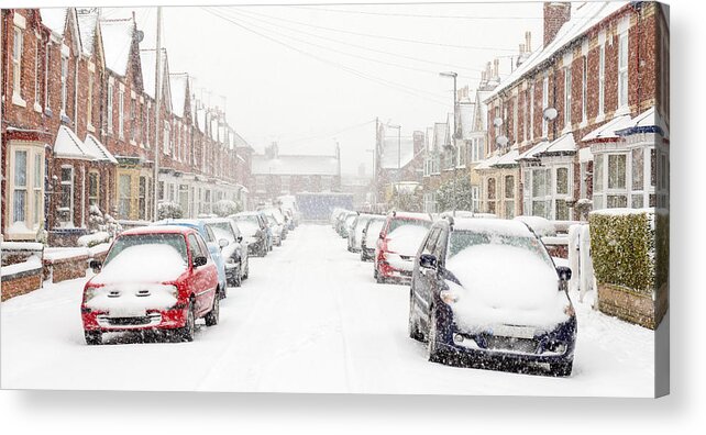 Problems Acrylic Print featuring the photograph Typical UK street in winter snow by ChrisHepburn