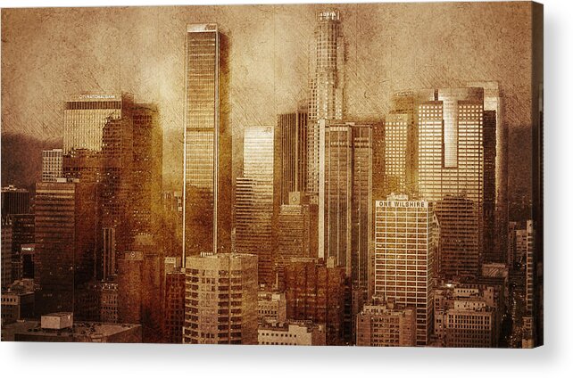 Los Angeles Acrylic Print featuring the mixed media Vintage skyline of Los Angeles by Alex Mir