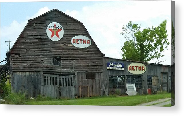 Old Acrylic Print featuring the photograph Weathered Dilapidated Store or Barn with Vintage Signage by Ali Baucom