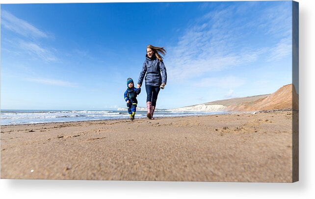 One Parent Acrylic Print featuring the photograph Winter Beach Walk by s0ulsurfing - Jason Swain