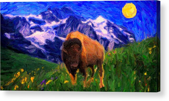 American Buffalo Acrylic Print featuring the painting American Buffalo in the Wild West by Celestial Images