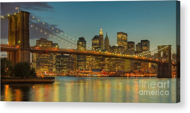 Clarence Holmes Acrylic Print featuring the photograph Brooklyn Bridge Twilight Panoramic by Clarence Holmes