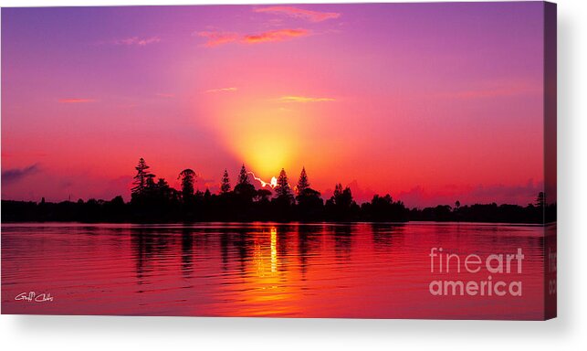 Sunrise Photo Color Crimson Acrylic Print featuring the photograph Magenta Sunrise over Water. Art photo digital download and wallpaper screensaver. DIY Print. by Geoff Childs