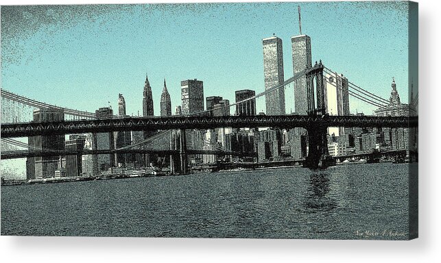 New+york Acrylic Print featuring the drawing New York Downtown Manhattan Skyline - Blue Panorama by Peter Potter