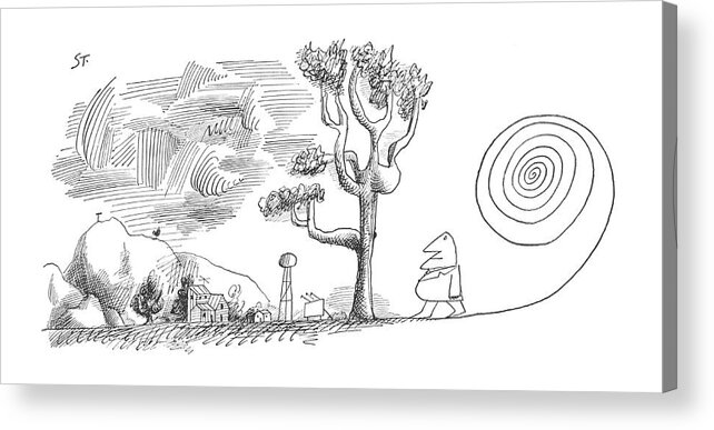 115527 Sst Saul Steinberg (man Walking Outdoors. Behind Him The Ground Has Turned Into A Swirl And Seems To Be Following Him.) Art Artist Artistic Artwork Behind Doodle Following Ground Hike Hiking Into Landscape Man Nature Outdoors Outside Scenic Seems Sstoon Swirl Tree Trees Turned Walk Walking Acrylic Print featuring the drawing New Yorker January 19th, 1963 by Saul Steinberg