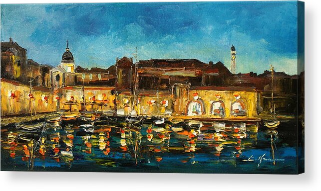 Dubrovnik Acrylic Print featuring the painting Night in Dubrovnik harbour by Luke Karcz