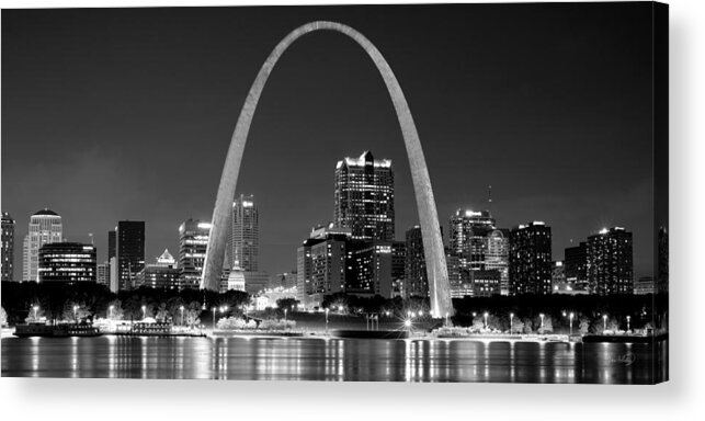 St. Louis Skyline Acrylic Print featuring the photograph St. Louis Skyline at Night Gateway Arch Black and White BW Panorama Missouri by Jon Holiday