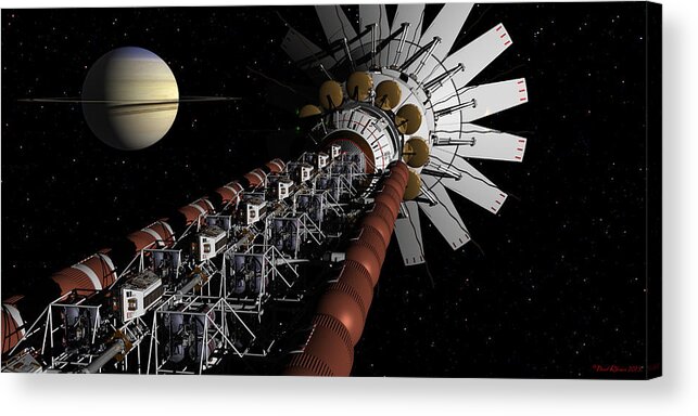 Spaceship Acrylic Print featuring the digital art USS Achilles passing Saturn by David Robinson
