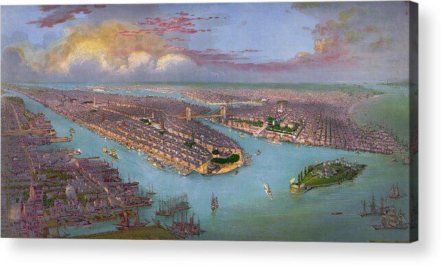 New York City Acrylic Print featuring the drawing Vintage Bird's Eye View of New York City - circa 1885 by Blue Monocle