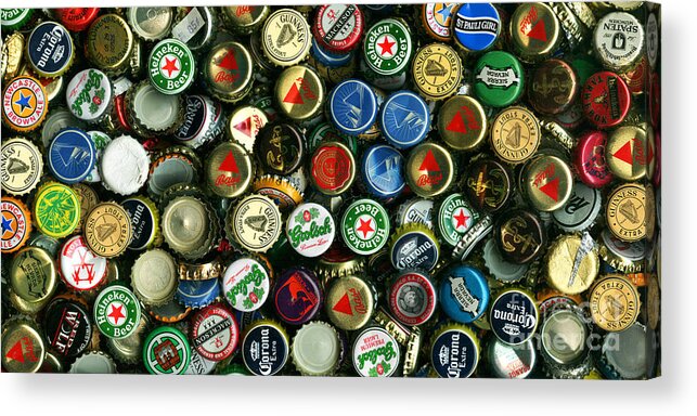 Long Acrylic Print featuring the photograph Pile of Beer Bottle Caps . 2 to 1 Proportion by Wingsdomain Art and Photography