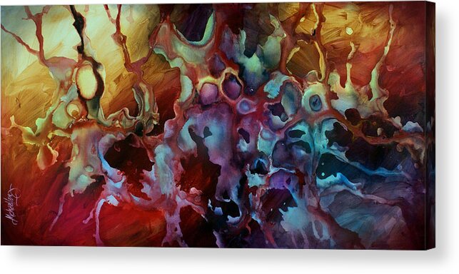 Abstract Painting Art Modern Art Deco Floral Colorful Red Blue Yellow Earth Tones Garden Expressionism Natural Minimalism Free Flow Liquid Fluid Acrylic Print featuring the painting Evolution by Michael Lang
