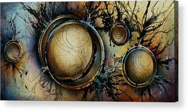 Abstract Design Circles Spheres Impact Explosive Earth Tones Blues Fantasy Art Painting Acrylic Print featuring the painting Abstract Design 44 by Michael Lang