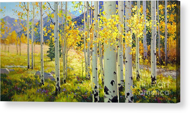 Aspen Oil Painting Birch Trees Gary Kim Oil Print Art Woods Fall Autumn Tree Panorama Sunset Beautiful Beauty Yellow Red Orange Fall Leaves Foliage Autumn Leaf Color Mountain Oil Painting Original Art Horizontal Landscape National Park America Morning Nature Wallpaper Outdoor Panoramic Peaceful Scenic Sky Sun Time Travel Vacation View Season Bright Autumn National Park Southwest Mountain Clouds Cloudy Landscape Afternoon Aspen Grove Natural Peak Painting Oil Original Vibrant Texture Reflections Acrylic Print featuring the painting Afternoon Aspen Grove by Gary Kim