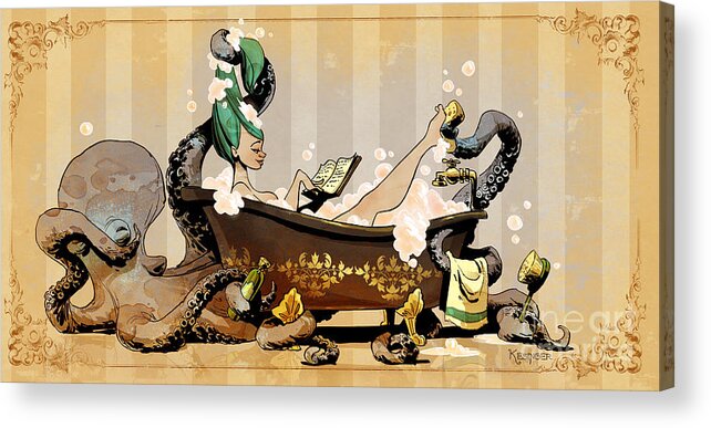 Steampunk Octopus Vintage Bath Acrylic Print featuring the digital art Bath Time With Otto by Brian Kesinger