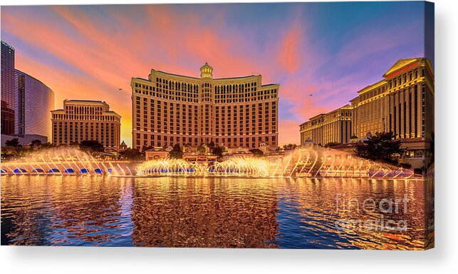 Bellagio Acrylic Print featuring the photograph Bellagio Fountains Warm Sunset 2 to 1 Ratio by Aloha Art