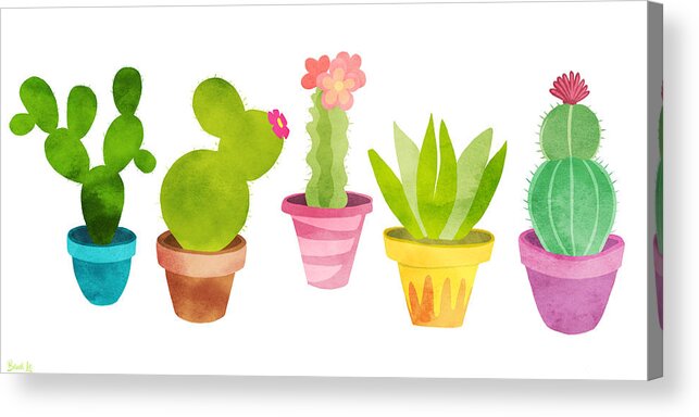 Cactus Acrylic Print featuring the painting Cactus Plants In Pretty Pots by Little Bunny Sunshine