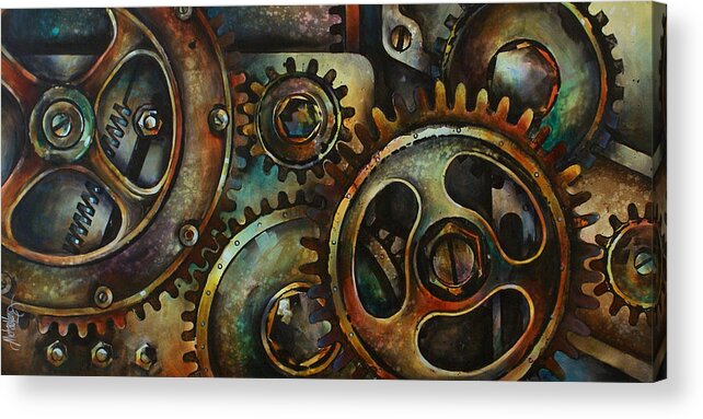 Mechanical Machine Gears Sprokets Metal Rust Acrylic Print featuring the painting Design 2 by Michael Lang