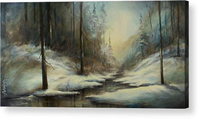 Landscape Winter Snow Wooded Foresr Woods Stream Pines Creek Water Quiet Acrylic Print featuring the painting Landscape 6 by Michael Lang