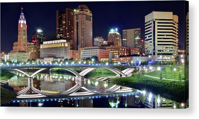 Columbus Acrylic Print featuring the photograph Lengthy Columbus Nightscape by Frozen in Time Fine Art Photography