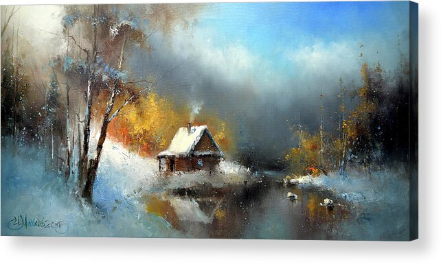 Russian Artists New Wave Acrylic Print featuring the painting Lodge in the Winter Forest by Igor Medvedev