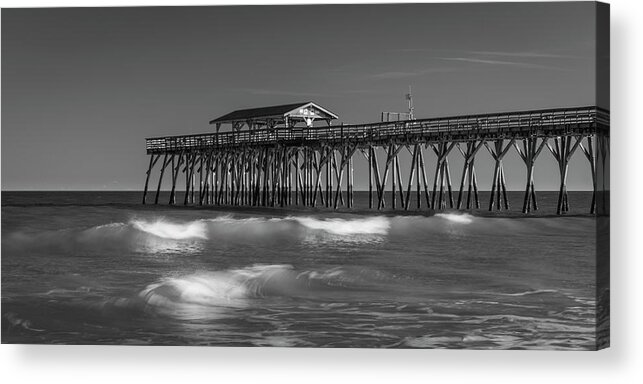 Pier Acrylic Print featuring the photograph Myrtle Beach Pier Panorama in Black and White by Ranjay Mitra
