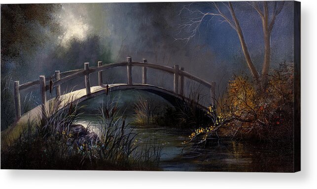 Lynne Pittard Acrylic Print featuring the painting Moonlit Bridge by Lynne Pittard