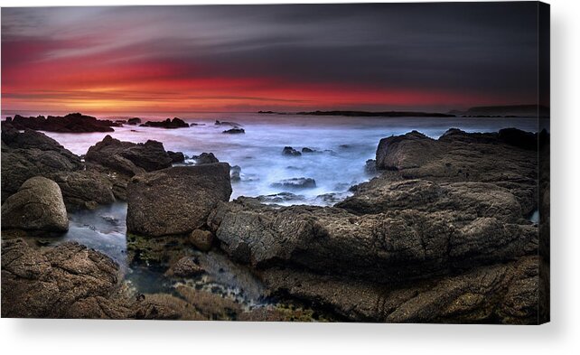 #rainbow #john #chivers #seascape #landscape #cornwall #rocks #rocky #colourful #interesting #beautiful #magical #fantastic #stunning #relaxing #sand #sea #waves #crashing #panoramic #long #red Acrylic Print featuring the photograph Opposites Attract by John Chivers