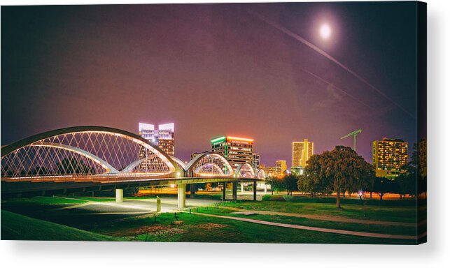 Vintage Acrylic Print featuring the photograph Panorama of the Seventh Street Bridge and Downtown Fort Worth with Full Moon Above - Trinity River by Silvio Ligutti