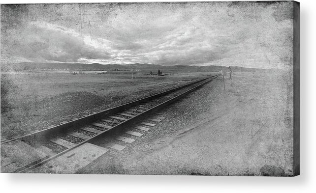 Black And Whites Landscapes Acrylic Print featuring the photograph Railroad Tracks in Black and White by Angie Tirado