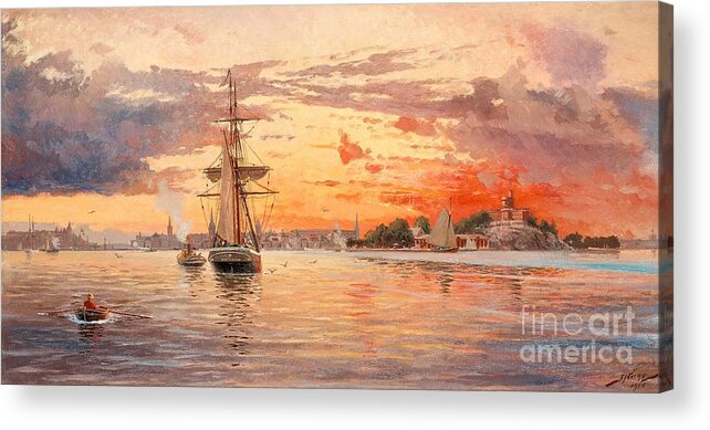 Jacob Hgg Acrylic Print featuring the painting Sun Setting Over The Sea Approach To Stockholm by MotionAge Designs